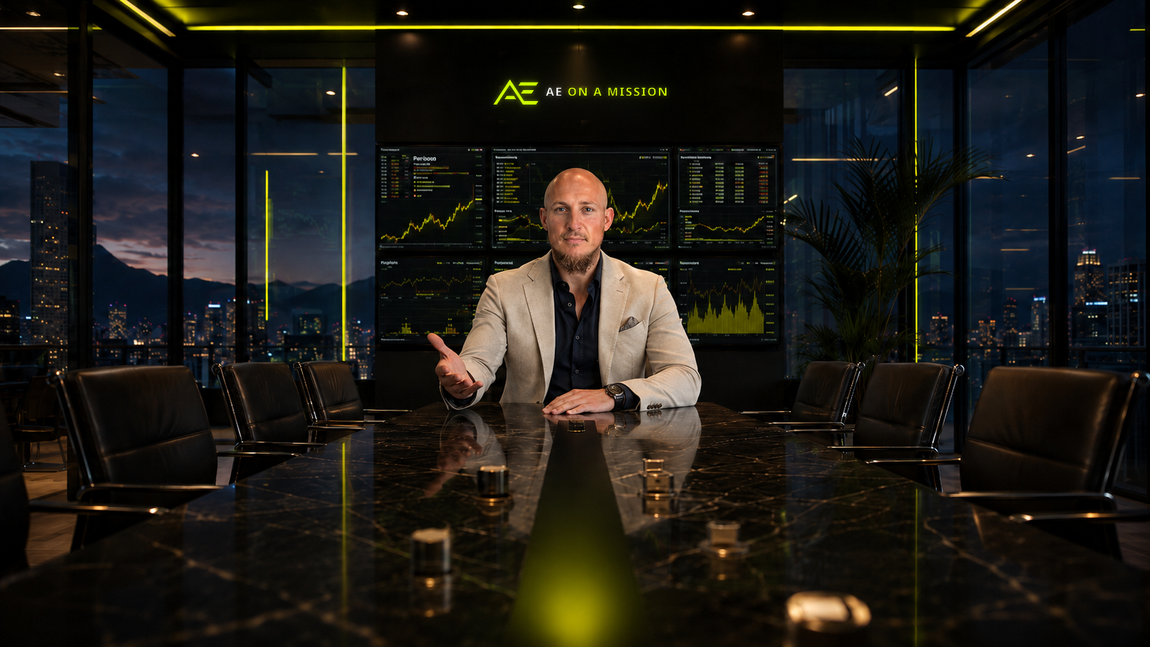 AE On A Mission founder seated at a boardroom table